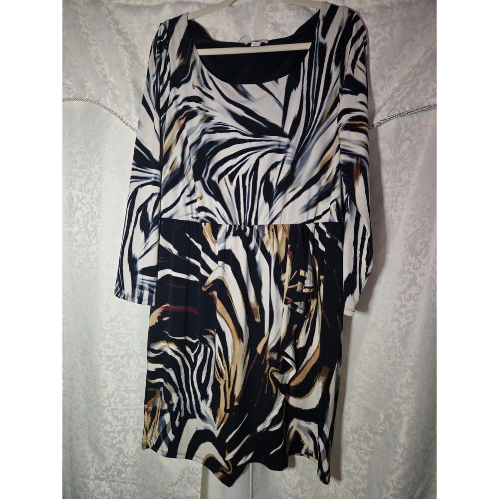 Cato Black White Gold Animal Print A-Line Long Sleeve Dress | XL